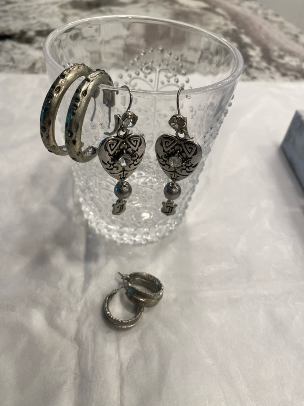 Silver Earring Bundle 3 Pair Set | Heart Dangle + Textured Hoops | Vintage Style - Picture 5 of 10